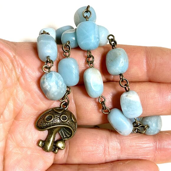 Natural Light Teal Amazonite Necklace, Bronze Round Mushroom + Genuine Gemstone - Picture 12 of 12